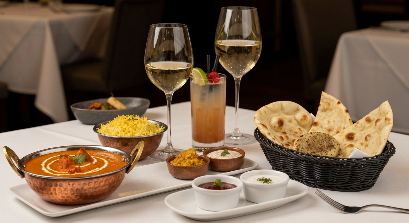 A beautifully plated gourmet Indian meal featuring a rich curry, saffron pilaf, a basket of specialty naan breads, and a glass of wine, set on an elegant restaurant table.