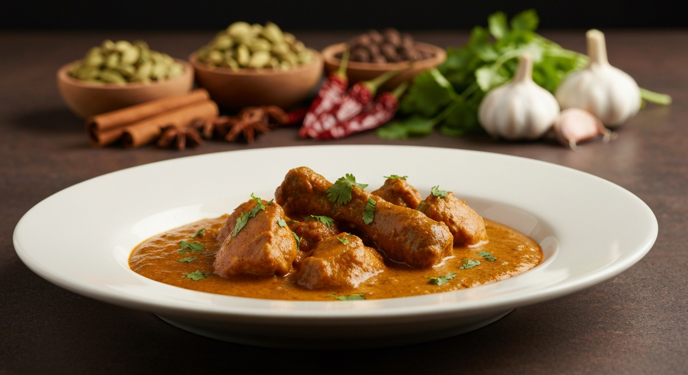 Close-up of a vibrant, professionally plated Indian curry dish, garnished with fresh cilantro, with a background of carefully arranged whole spices and fresh ingredients.