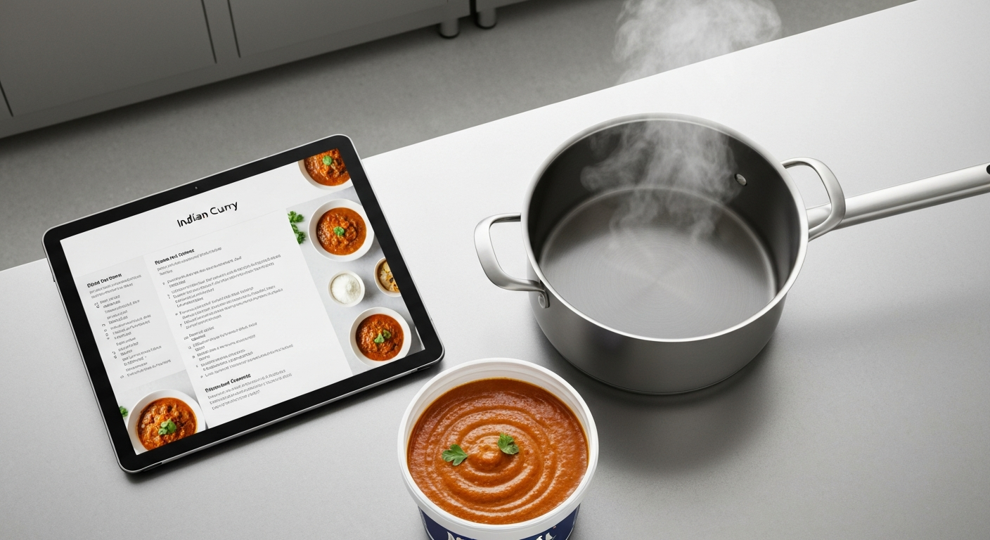 A sleek, modern ghost kitchen counter with a tablet displaying a digital recipe for an Indian curry, alongside professional stainless steel equipment and a container of AVENOR's ready-to-use Indian gravy.