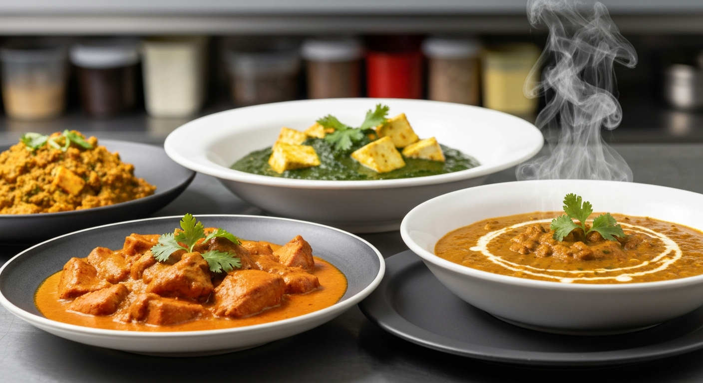 Appetizing professional food photography of various Indian dishes like Chicken Tikka Masala, Palak Paneer, and Dal Makhani, elegantly plated in a commercial kitchen setting.