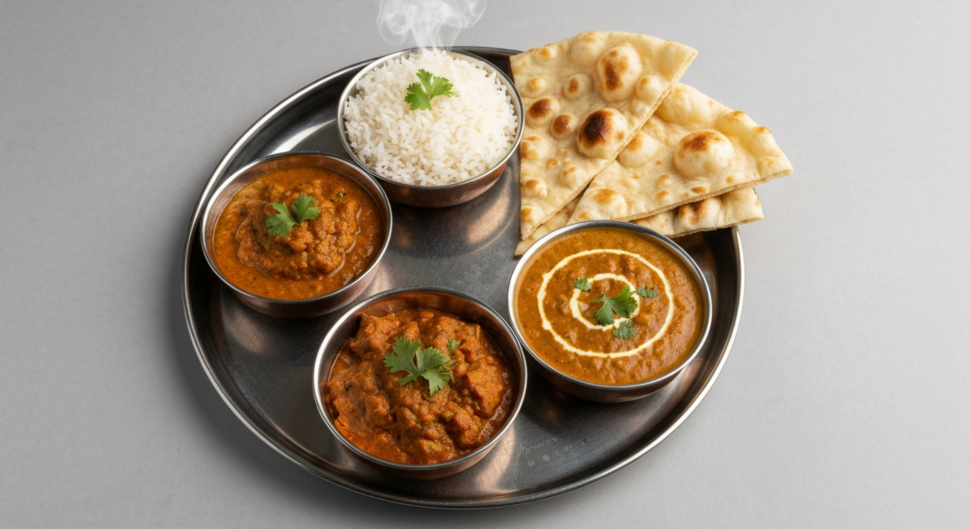 A beautifully arranged Indian thali with a selection of vibrant, authentic Indian dishes, including a main curry, two side dishes, basmati rice, and naan bread.