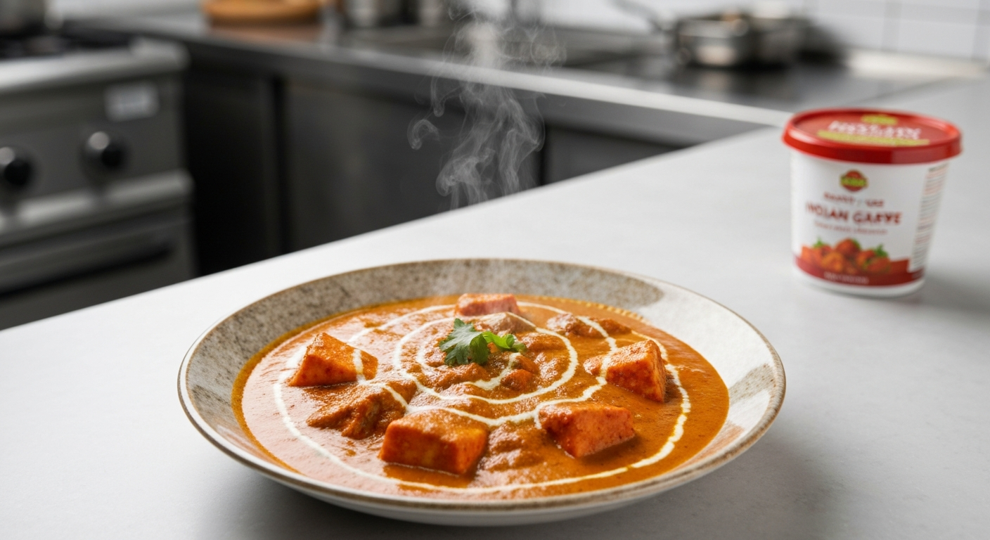 A vibrant Indian curry dish, such as Butter Chicken or Paneer Makhani, in a rustic serving bowl, with a background blur showing a commercial kitchen setting and a container of pre-prepped Indian gravy base.