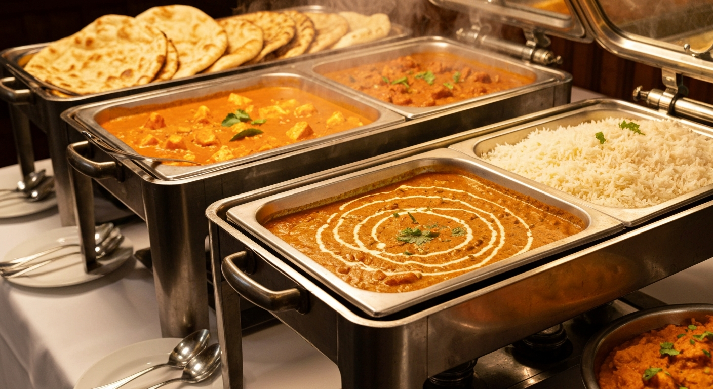 A vibrant and appetizing overhead view of an Indian buffet setup with several chafing dishes, showcasing a variety of colorful Indian curries like Paneer Butter Masala, Chicken Tikka Masala, and Dal Makhani, alongside fluffy basmati rice and fresh naan bread, all beautifully presented for a catered event.