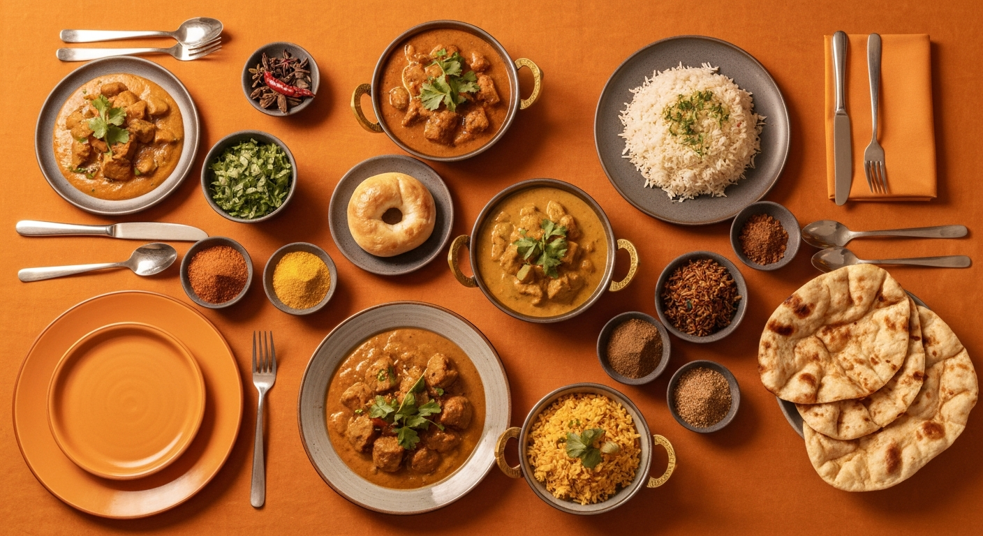 A vibrant, professionally plated Indian banquet spread featuring various curries, rice, naan bread, and fresh garnishes, ready for a corporate catering event.