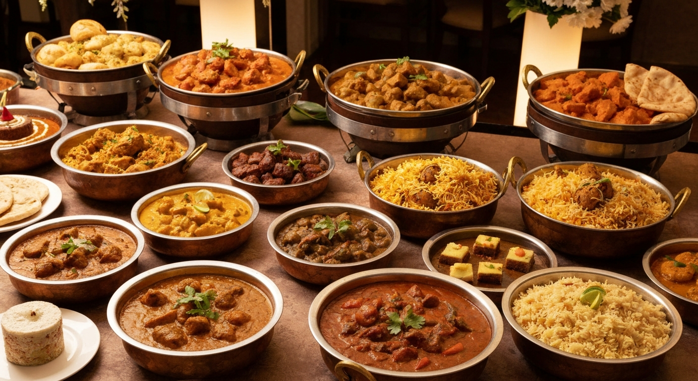 An elaborate, vibrant Indian buffet spread in a luxurious hotel setting, featuring a variety of curries, biryanis, breads, and desserts.