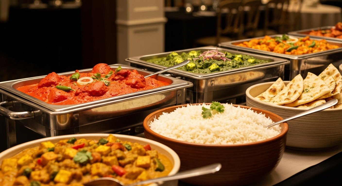 A beautifully arranged buffet spread of various authentic Indian dishes, including rich curries, fragrant biryani, and fresh naan, served in elegant chafing dishes and bowls for a catering event. Focus on appetizing food photography.