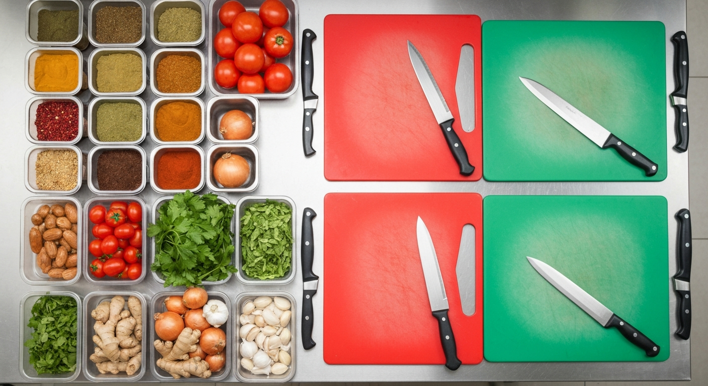 Pristine commercial kitchen countertop with separate color-coded cutting boards, knives, and organized containers of fresh Indian spices and vegetables, emphasizing food safety.