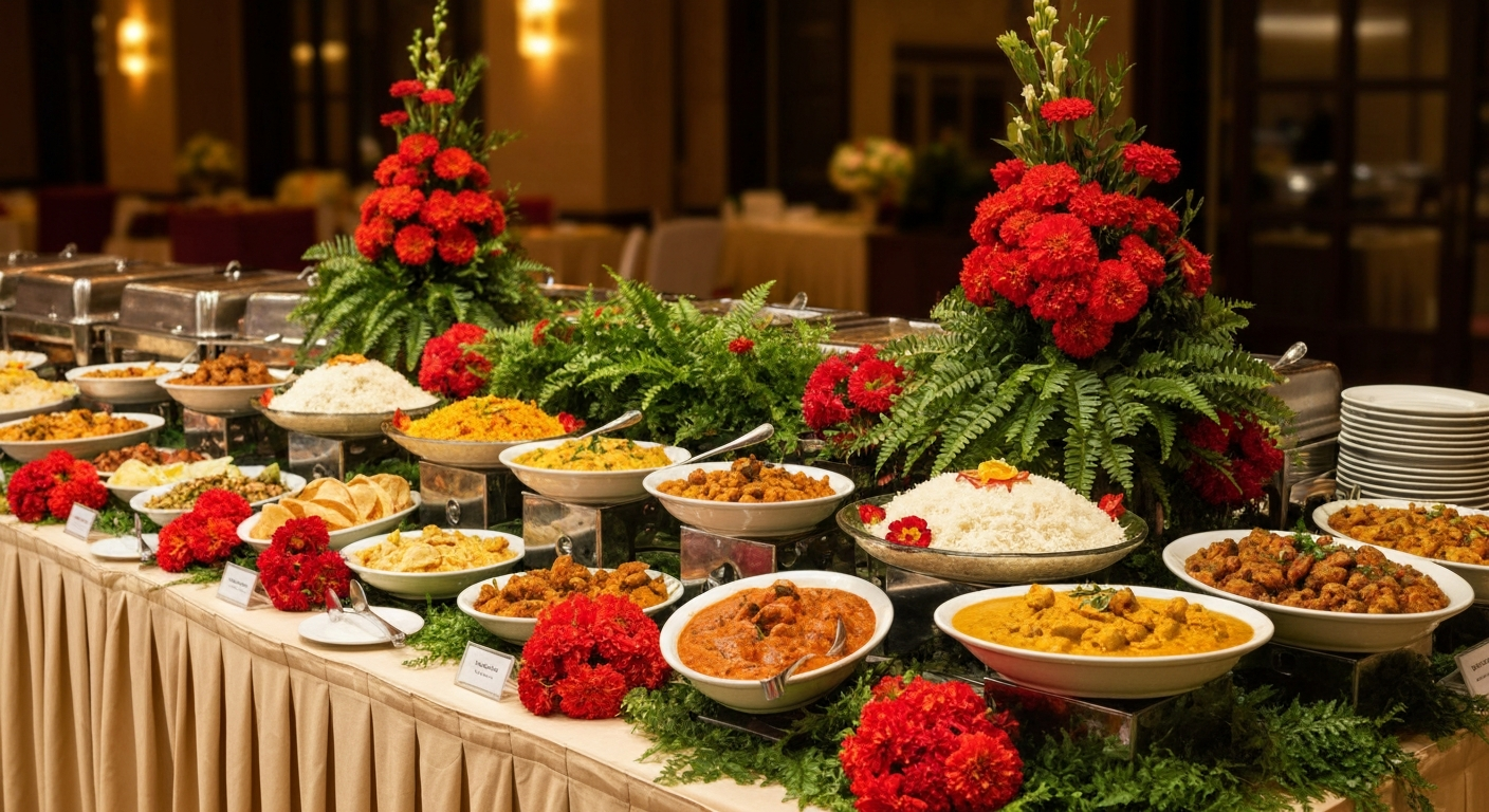A professional, elegant Indian banquet buffet with diverse dishes clearly labeled for dietary restrictions like 'Vegan' and 'Gluten-Free', showcasing vibrant colors and appealing presentation.