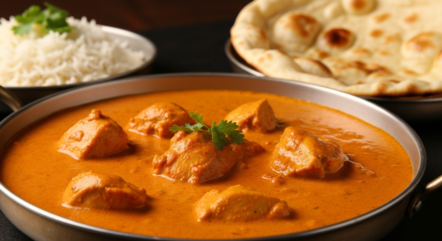 A perfectly plated Chicken Tikka Masala dish, rich in color, with a side of fluffy basmati rice and fresh naan bread, on a professional restaurant table setting.