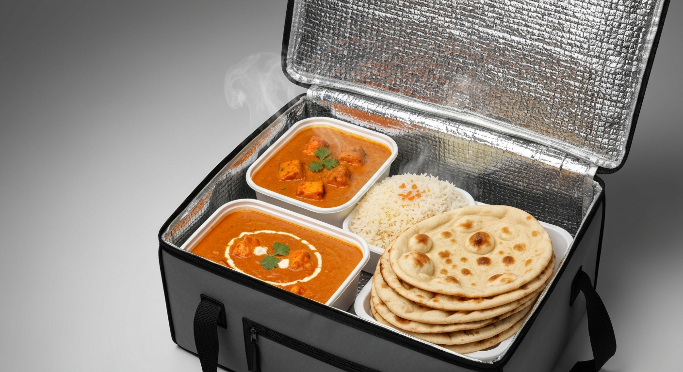 Appetizing professional shot of various Indian dishes packaged for delivery, showcasing gravies, rice, and breads in distinct, high-quality containers, some with clear lids, in an insulated delivery bag.