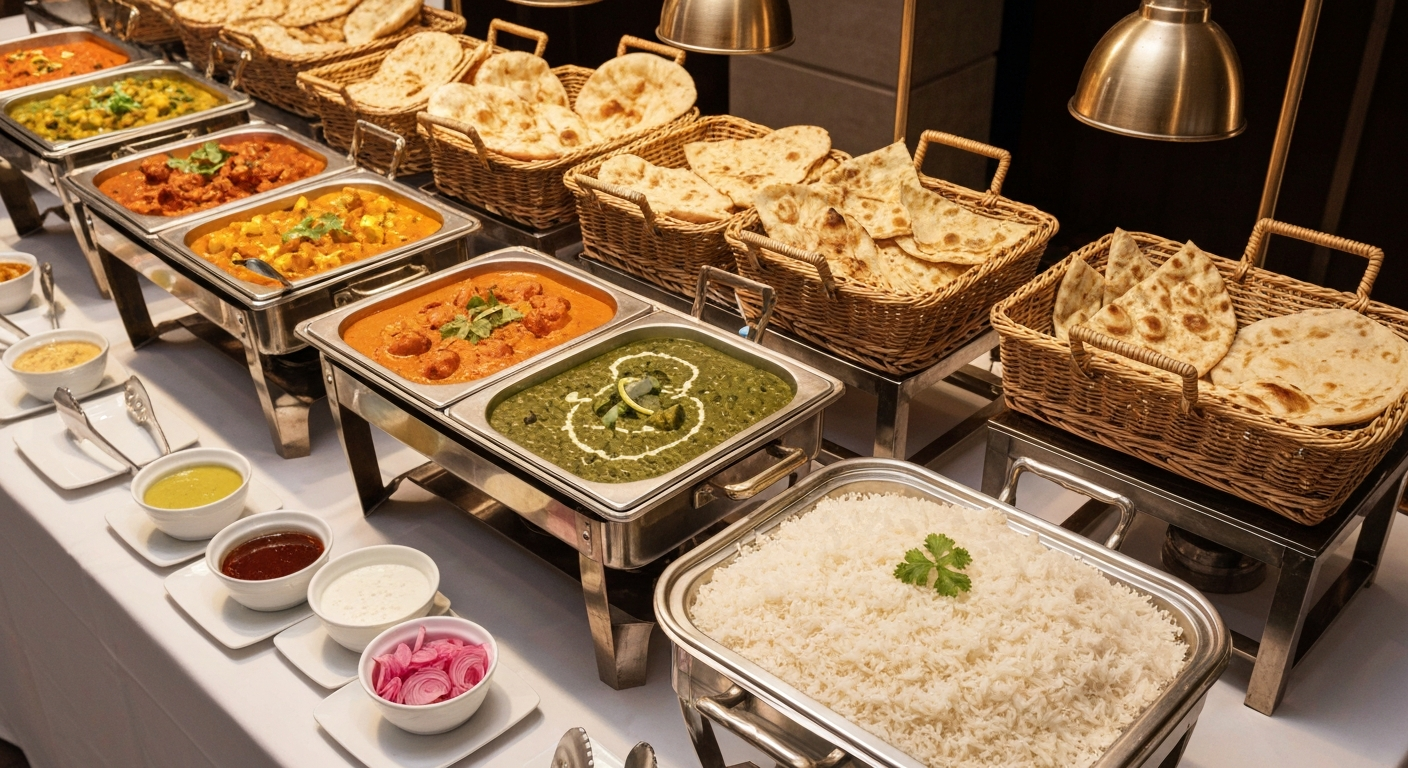 An elegant corporate event buffet spread featuring a variety of authentic Indian dishes, including rich curries in chafing dishes, fluffy Basmati rice, assorted naan breads, and fresh garnishes, presented professionally for a large gathering.
