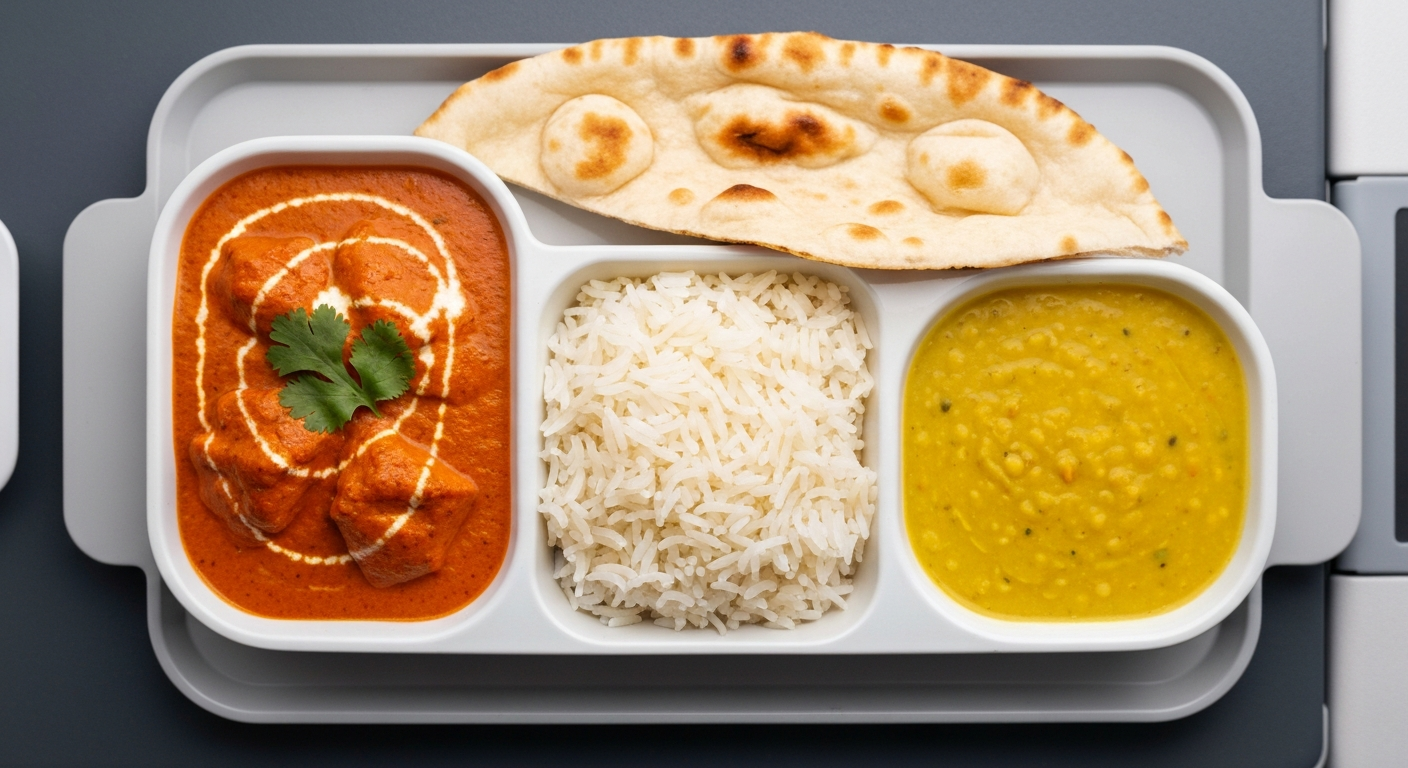 Professionally plated Indian meal on an airline tray, featuring butter chicken, basmati rice, dal, and naan, garnished with fresh herbs, ready for passenger service.
