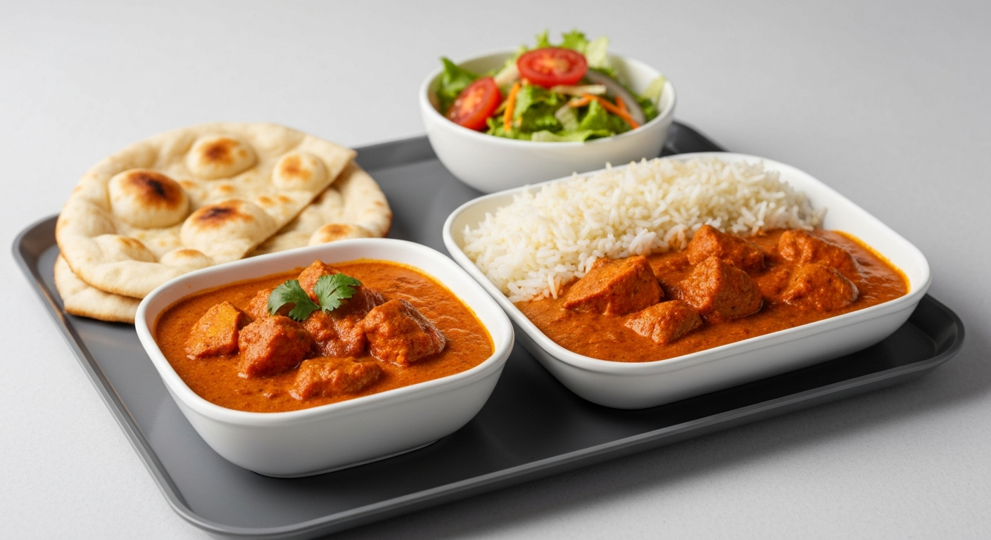 A professionally plated Indian meal, such as Chicken Tikka Masala with rice and naan, served on an elegant airline or cruise ship tray, emphasizing freshness and quality.