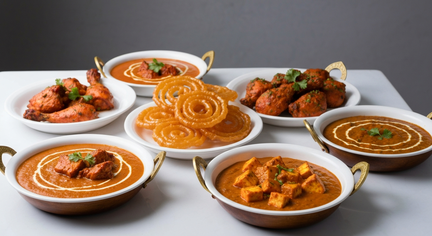 A visually appealing and diverse Indian buffet spread with various curries, rice, breads, and condiments, highlighting freshness and abundance while subtly implying efficient presentation.