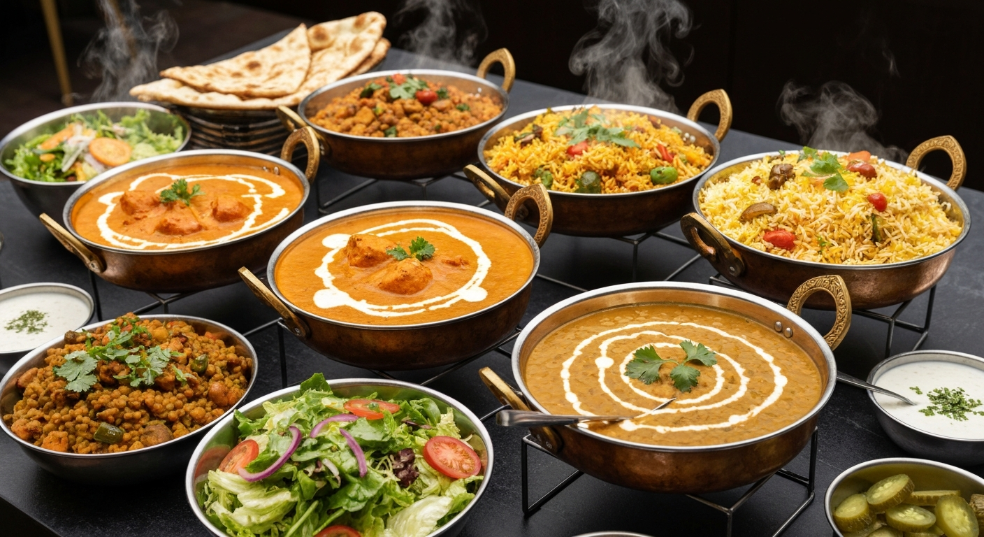 A vibrant buffet spread of authentic Indian food, including Butter Chicken, Dal Makhani, biryani, naan bread, and fresh salads, expertly arranged for a hotel conference catering event.