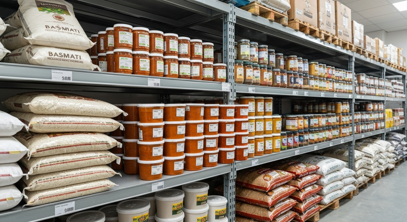 Professionally organized warehouse aisle with shelves stacked with bulk Indian foodservice products, including bags of basmati rice, containers of gravies, and spice jars, under optimal temperature and lighting conditions.