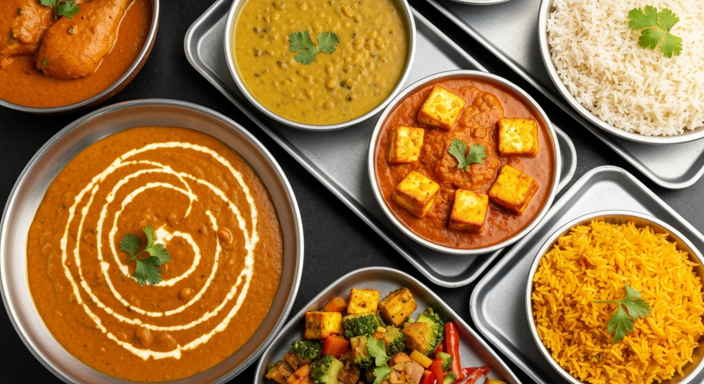 A vibrant spread of diverse Indian dishes suitable for travel catering, including creamy curries, aromatic rice, and colorful vegetable preparations, all professionally plated.