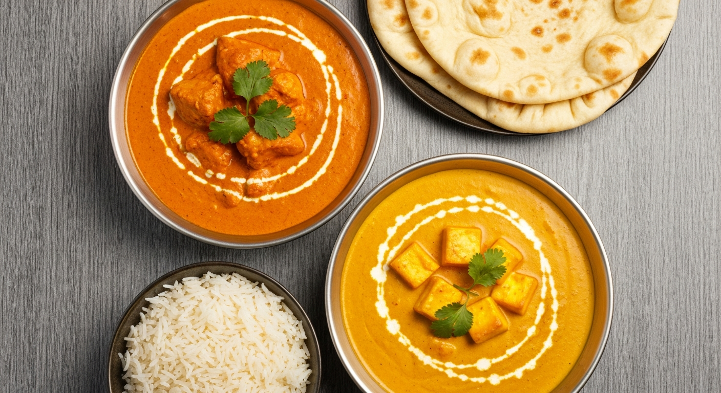 Overhead shot of two bowls of vibrant Indian curry, one chicken tikka masala and one paneer butter masala, with fresh naan bread and basmati rice on a dark wooden table, ready for delivery.