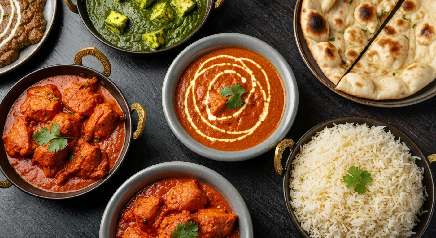 A vibrant spread of professionally plated Indian dishes, including a rich chicken tikka masala, a creamy palak paneer, fluffy basmati rice, and fresh naan bread, on a dark rustic table.