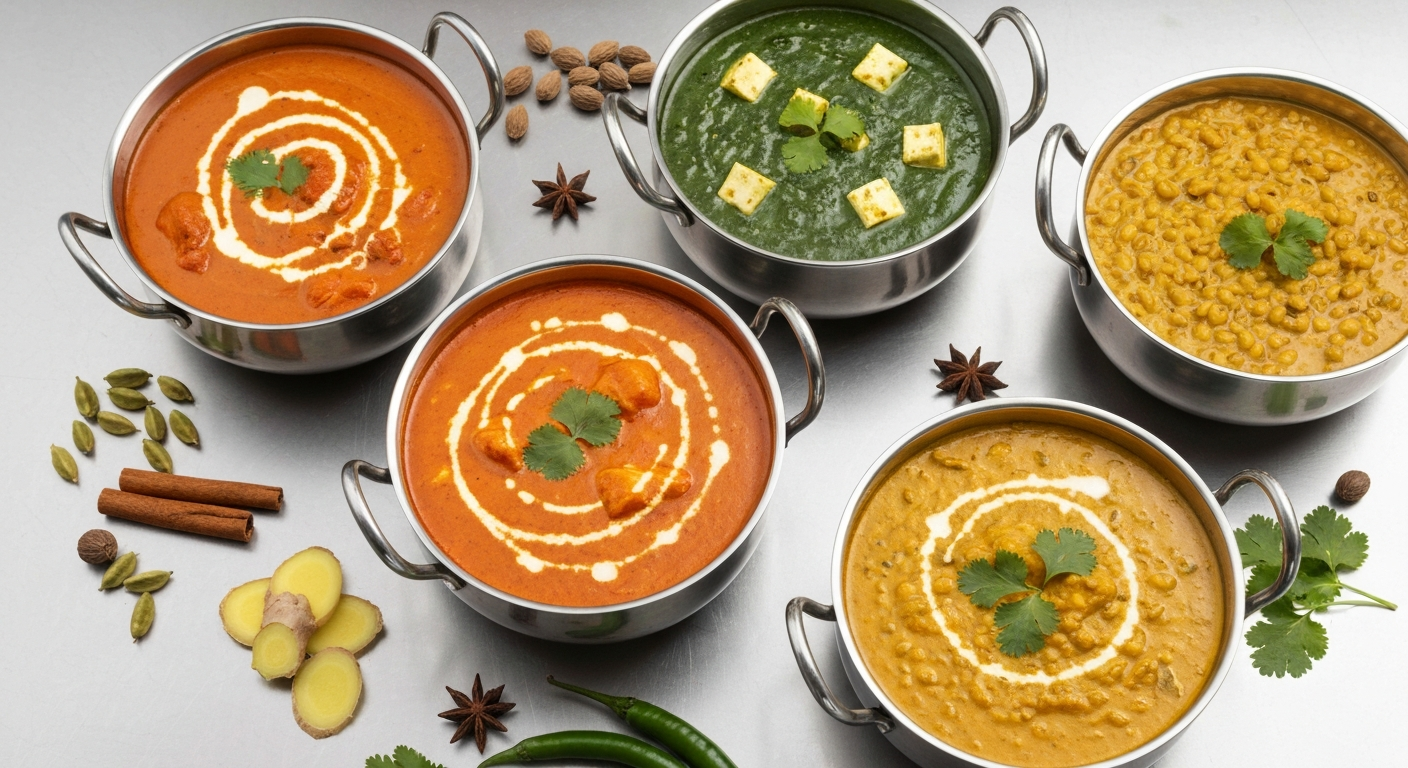 Assortment of vibrant Indian curries and gravies in professional metal bowls, with fresh spices and herbs artfully arranged around them, ready for a ghost kitchen prep line.