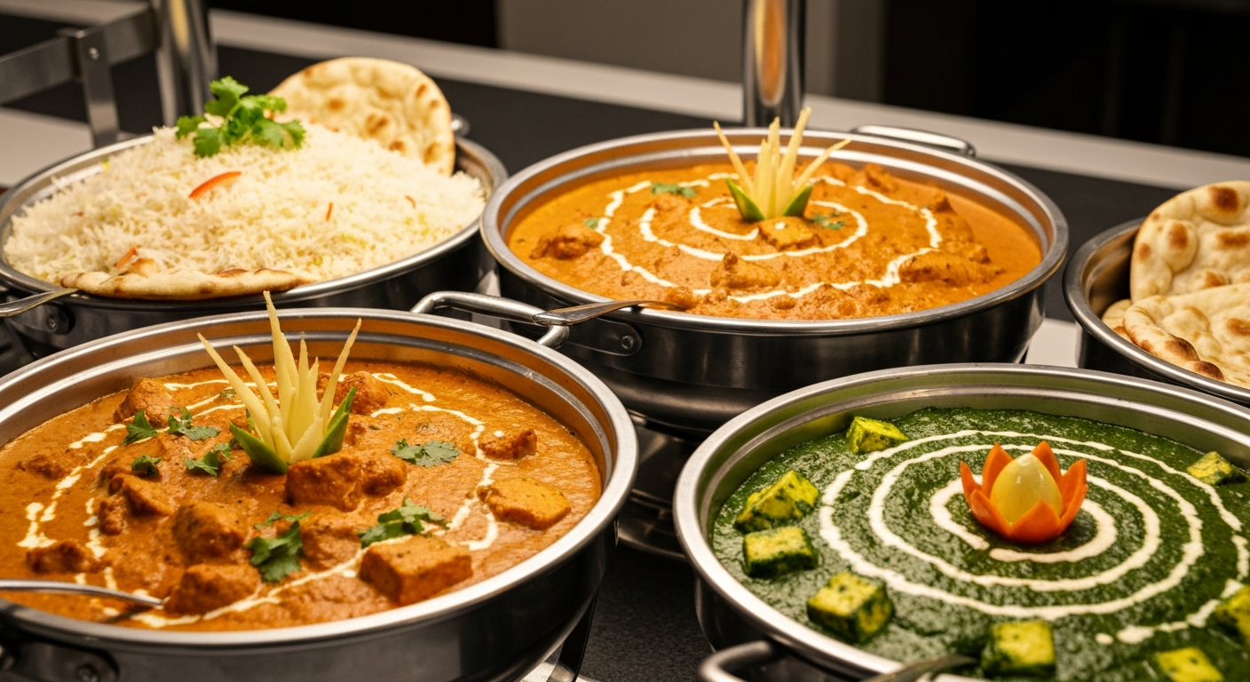 A vibrant and aromatic spread of Indian catering dishes, including a rich butter chicken, a fragrant paneer curry, fluffy basmati rice, and fresh naan bread, beautifully arranged on a buffet table in a professional setting.