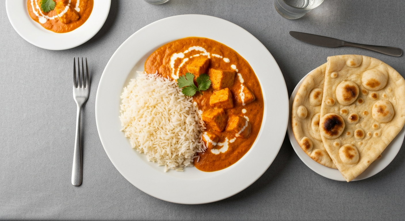 Elegantly plated Indian meal for travel catering with butter chicken, basmati rice, and naan