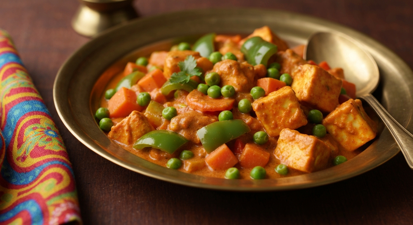 Overhead view of a perfectly plated, vibrant Butter Chicken dish, garnished with fresh cilantro, in a professional restaurant setting, with other consistent Indian dishes subtly blurred in the background.