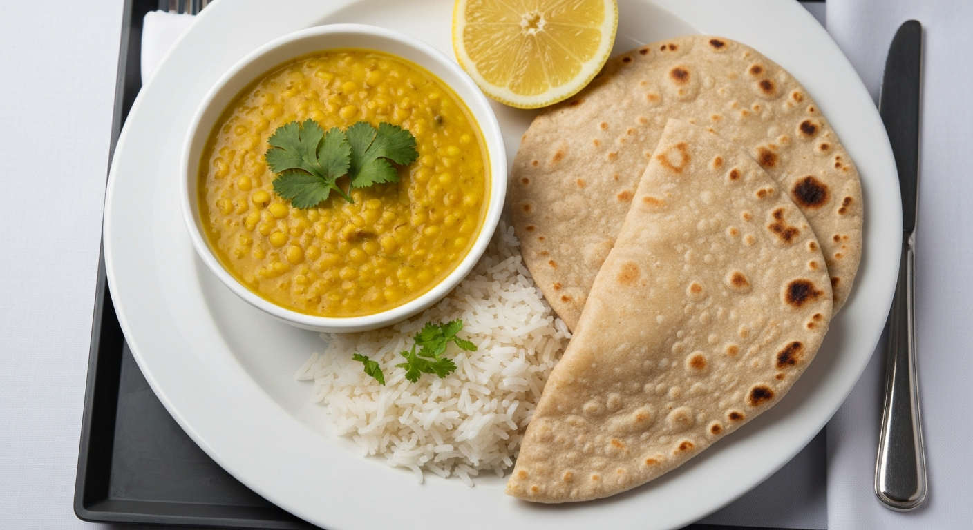 A perfectly plated Indian special diet meal, such as a vibrant vegan lentil dal with basmati rice and gluten-free flatbread, served in a professional setting, suitable for airline or cruise catering.