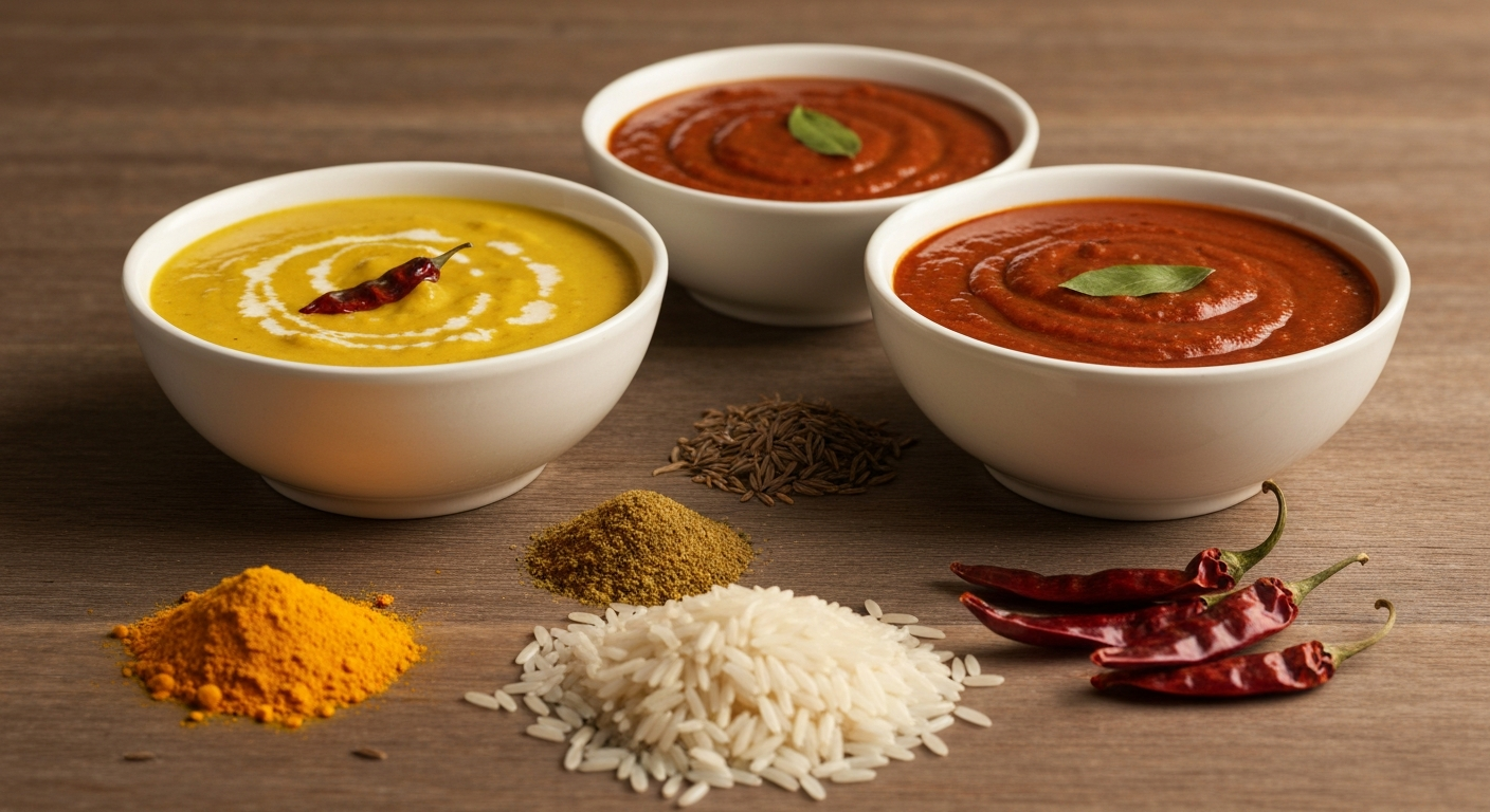 A vibrant assortment of authentic Indian ingredients including rich gravies in bowls, colorful spices in small dishes, and long-grain Basmati rice, arranged professionally on a wooden surface, suitable for a hotel kitchen.
