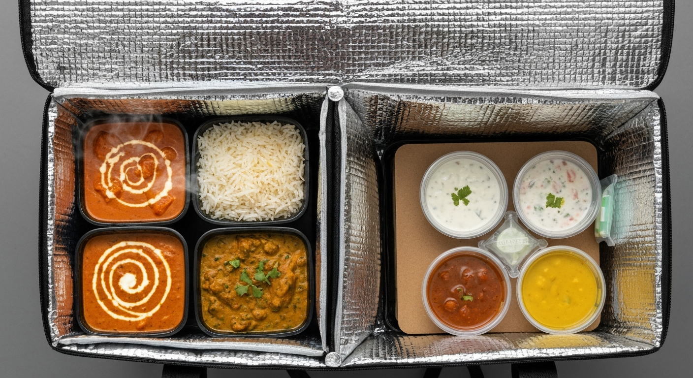 Appetizing professional food photography of various Indian dishes packaged in separate, clear, and insulated containers for delivery. Hot curries and rice are in one section, while cold raita and chutney are in another, all within a high-quality insulated delivery bag. The food looks fresh and vibrant.