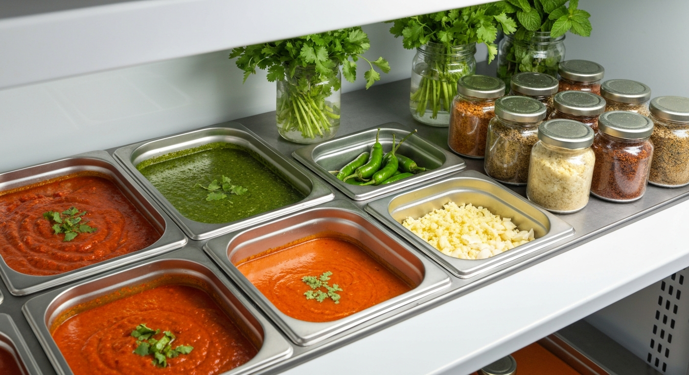 Appetizing professional food photography of various Indian ingredients and dishes, including vibrant gravies in stainless steel bowls, fresh herbs, whole and ground spices, and pre-prepped vegetables, all neatly arranged in a cold storage setting, showcasing organization and freshness.