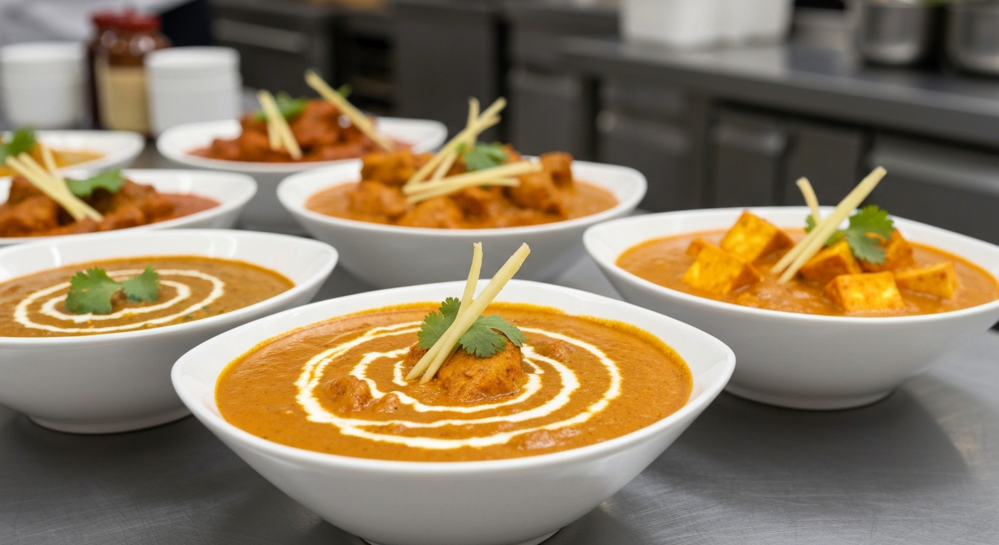 Assortment of vibrant Indian curries and gravies in professional kitchen bowls, ready for plating or packaging, with fresh spices and herbs.