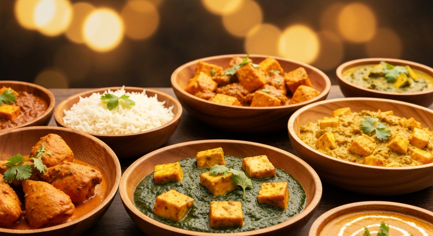 A vibrant spread of prepared Indian dishes, including a rich chicken tikka masala, fluffy basmati rice, and a colorful vegetable curry, professionally plated in a commercial kitchen setting.