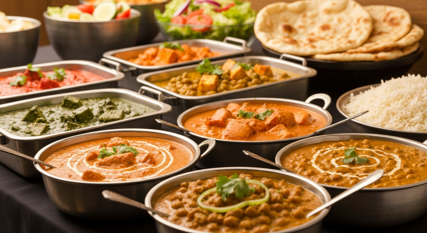A vibrant spread of Indian catering dishes, including Butter Chicken, Palak Paneer, fragrant Basmati rice, assorted naan breads, and a fresh salad, arranged elegantly on a buffet table.