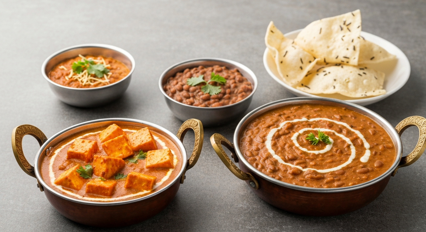 A vibrant spread of professionally catered Indian dishes, including a rich chicken tikka masala, fluffy basmati rice, warm naan bread, and crispy samosas, arranged for a buffet setting.