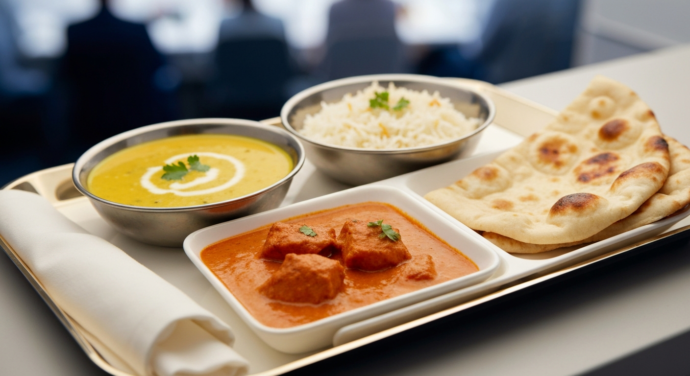 A vibrant and professionally plated Indian Thali meal on an airline tray table, featuring a small bowl of creamy yellow dal, a portion of aromatic basmati rice, a serving of rich chicken tikka masala, and a piece of naan bread, all presented against a subtle background hinting at a travel environment.