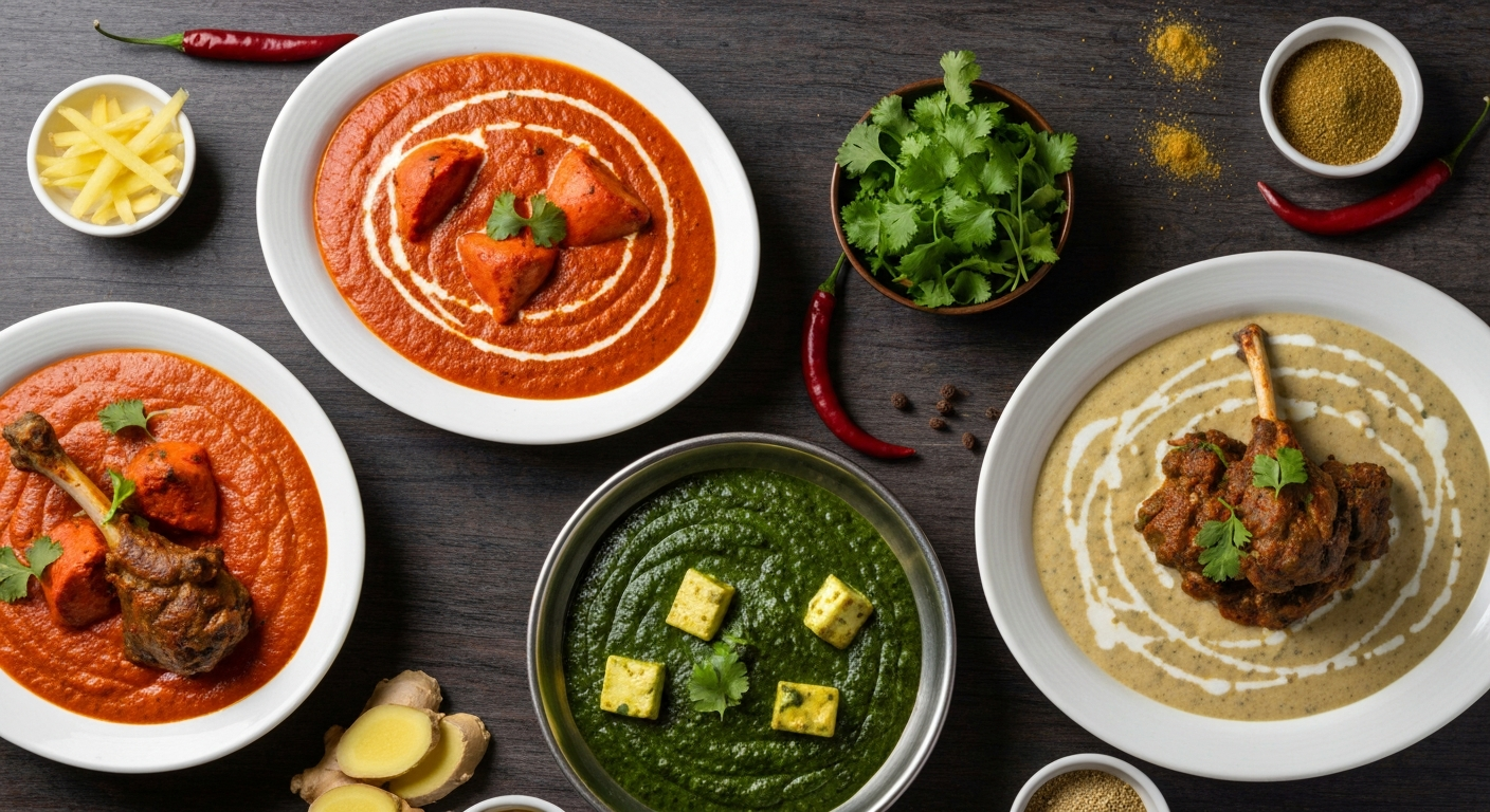 An overhead shot of four distinct Indian dishes, each showcasing a different color and texture, arranged on a rustic wooden table with fresh herbs and spices around them. Dishes include a creamy butter chicken, a vibrant green palak paneer, a rich lamb rogan josh, and a mild vegetable korma.