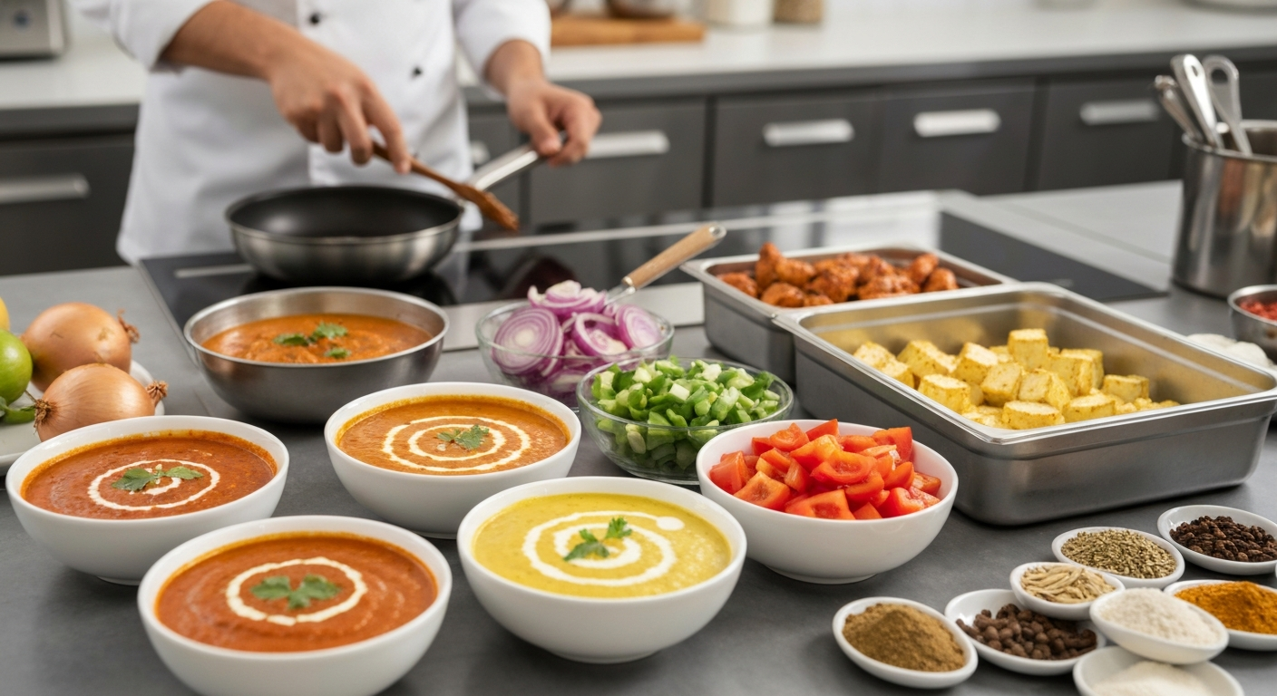 Professional ghost kitchen counter with various organized Indian ingredients: bowls of vibrant gravies (makhani, korma), pre-chopped vegetables, cooked proteins, and spices, emphasizing efficient multi-brand cooking.