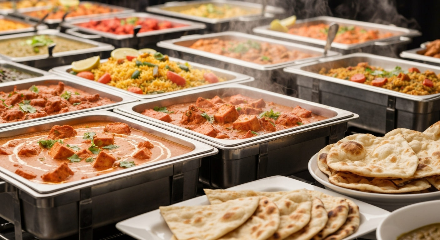 A vibrant spread of professionally catered Indian dishes, including butter chicken, paneer tikka masala, biryani, and naan, elegantly arranged on a buffet for a large event.