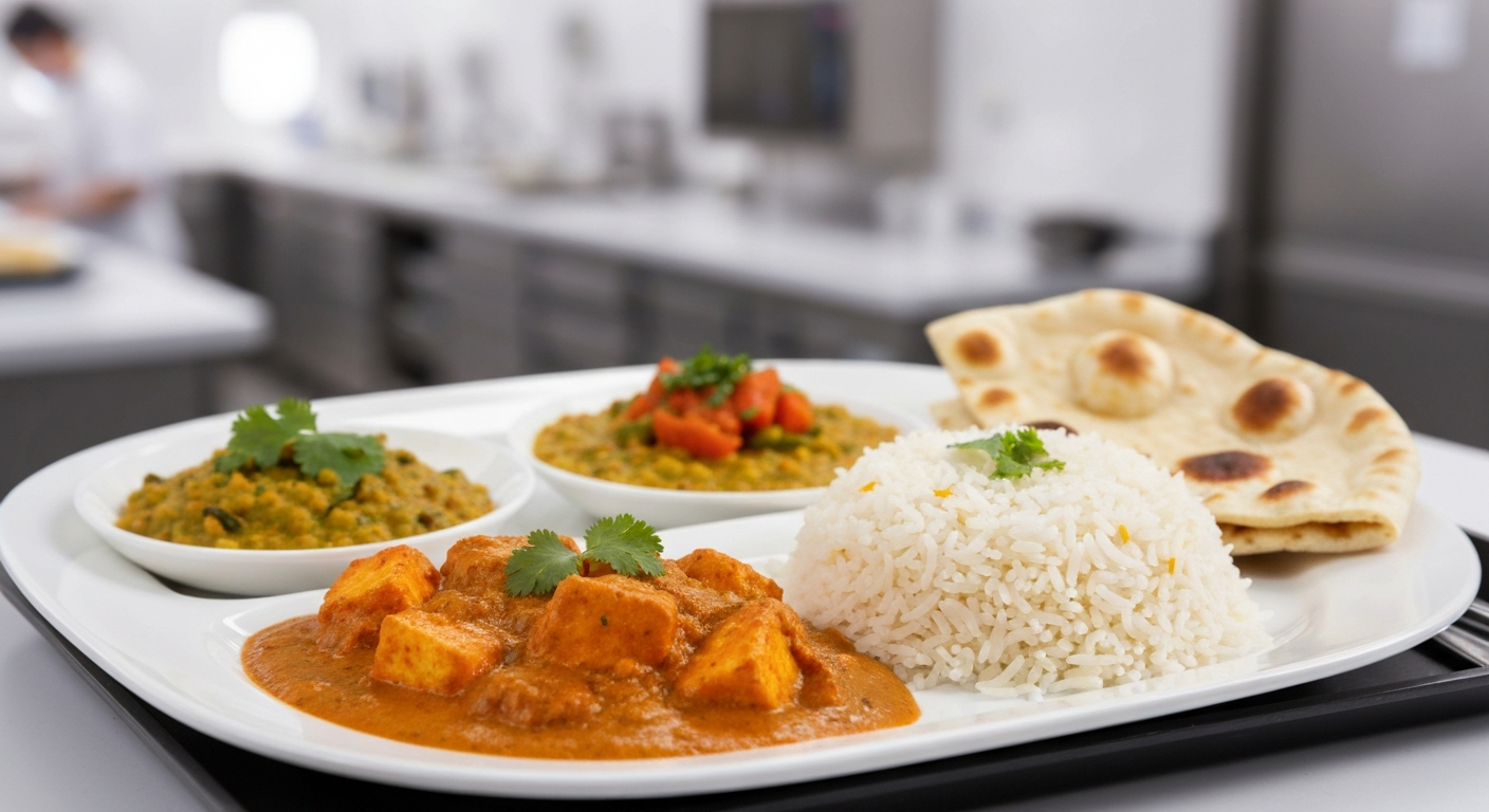 A collection of vibrant, authentic Indian dishes including curry, basmati rice, and naan, elegantly plated on a tray, suitable for premium airline or cruise dining.