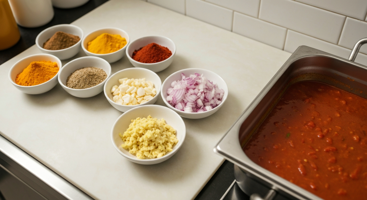 Overhead shot of an organized professional kitchen counter with prepped Indian ingredients: vibrant spices in small bowls, chopped onions, ginger-garlic paste, and a rich tomato-based gravy in stainless steel containers, ready for cooking.