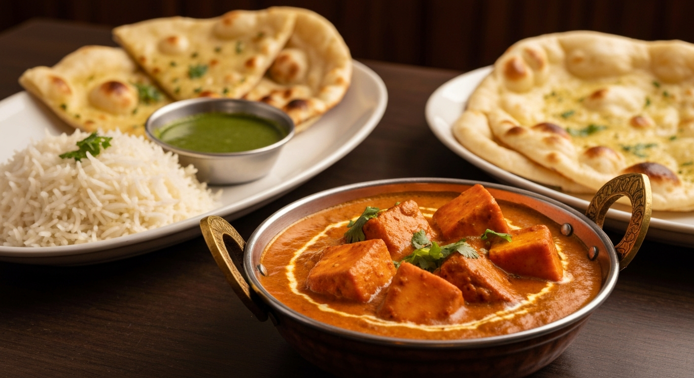 An inviting spread of authentic Indian dishes, including a vibrant chicken tikka masala, a rich paneer makhani, fluffy basmati rice, and fresh naan bread, beautifully plated in a professional restaurant setting.