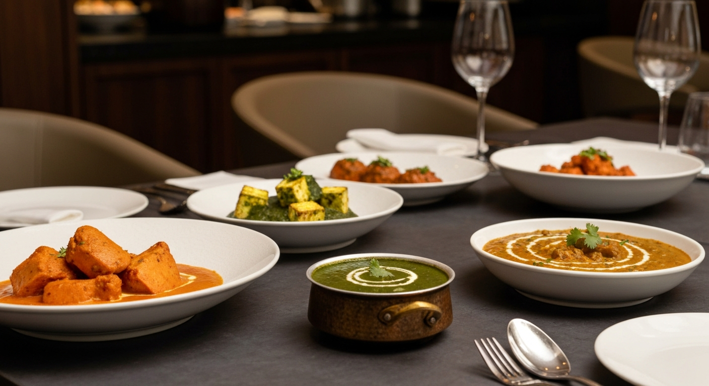 Several vibrant, authentic Indian dishes beautifully presented on a table in a modern hotel restaurant setting, highlighting rich colors and textures.