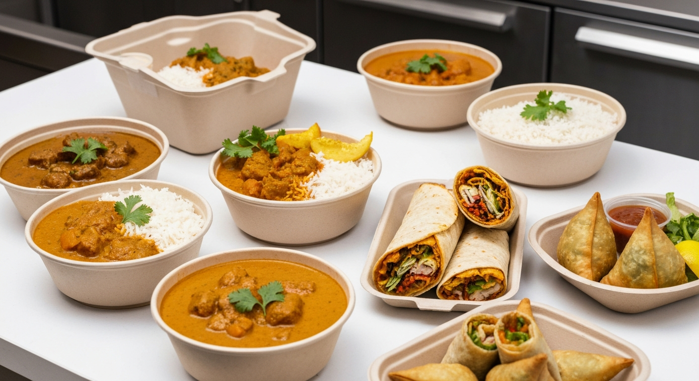 Assortment of Indian grab-and-go items including curry bowls, wraps, and samosas, ready for quick service.