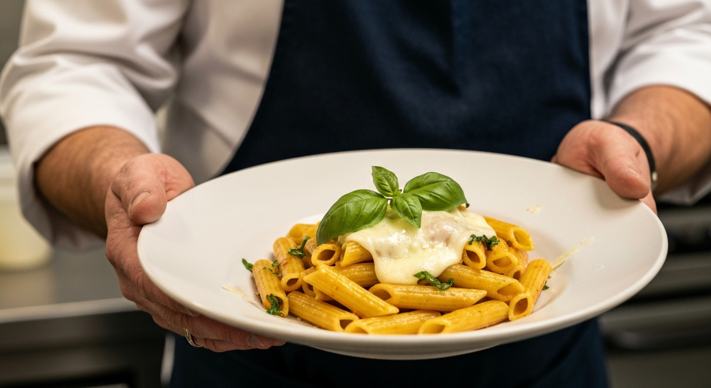 A professional chef's hands adding fresh cilantro to a vibrant, authentic Indian butter chicken dish served in a modern, elegant bowl, with a commercial galley kitchen background blurred.