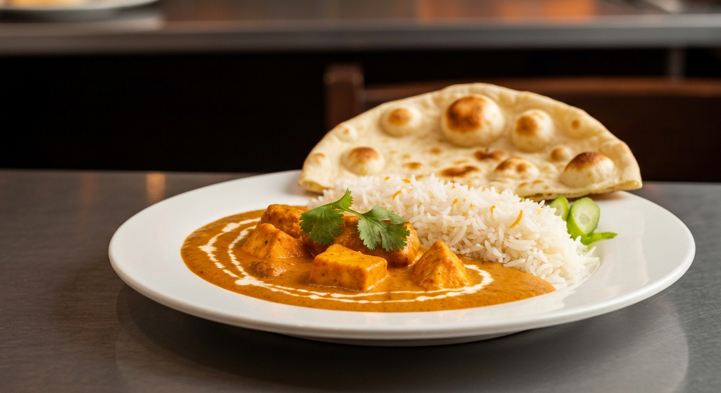 A vibrant, professionally plated Indian curry dish with fluffy basmati rice and fresh naan, showcasing a restaurant-quality meal.