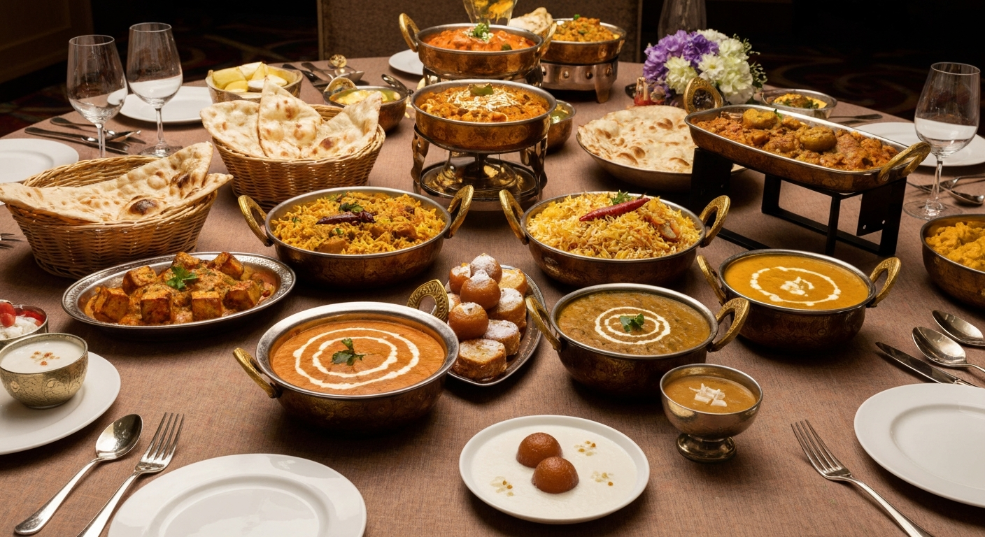 An opulent Indian banquet table laden with an array of vibrant, beautifully plated Indian dishes, including rich curries, aromatic rice, fresh naan, and colorful desserts, set in a luxurious hotel ballroom.