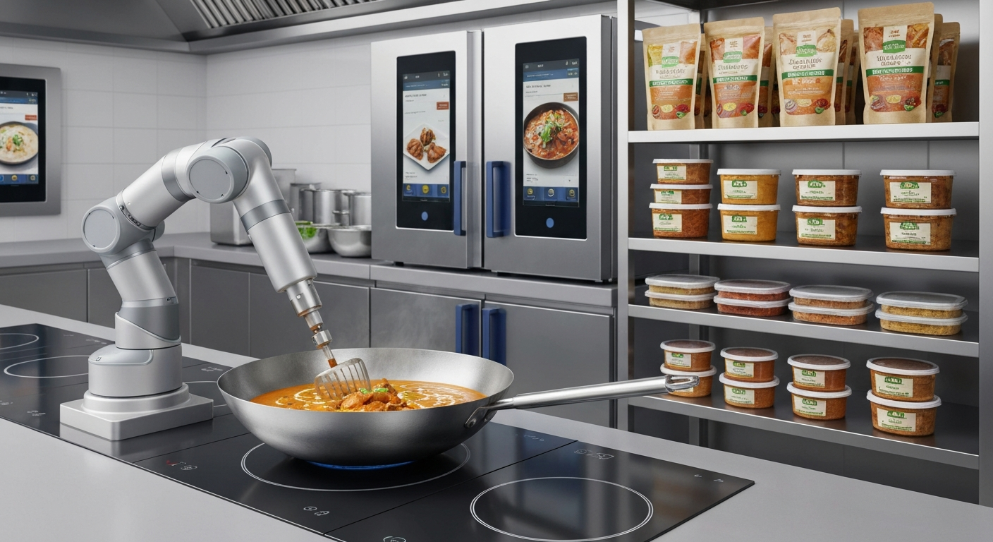 A modern, automated ghost kitchen setup with robotic arms preparing an Indian curry in a large wok, surrounded by neatly stacked containers of pre-prepped AVENOR Indian gravies and spices.