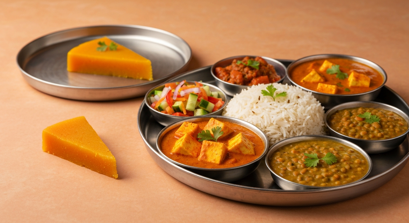 Beautifully plated healthy Indian thali with grilled paneer, lentil dal, vegetable curry, brown rice, and raita.
