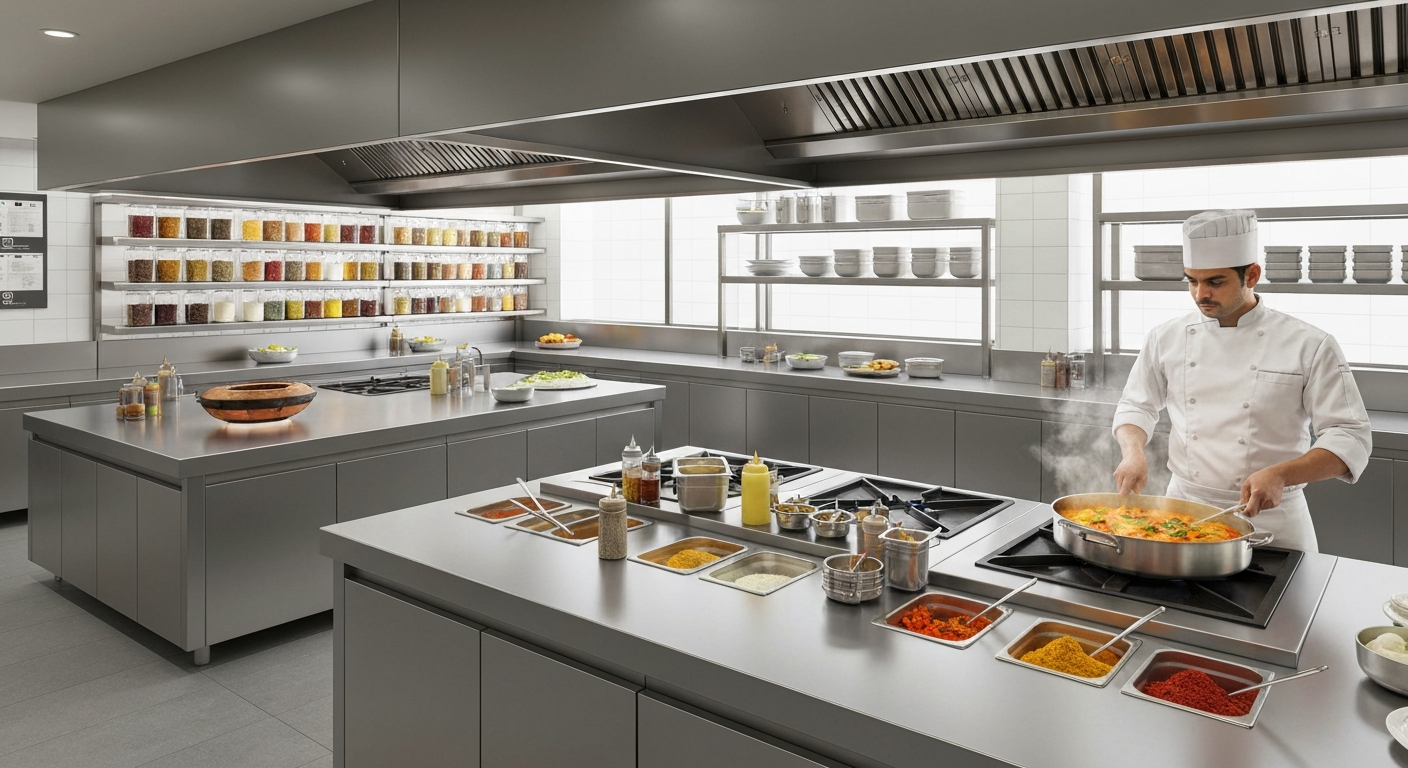 A modern, professional modular kitchen specializing in Indian cuisine, with various stainless steel cooking stations, vibrant spices in organized containers, and a chef preparing a dish with rich Indian gravy.